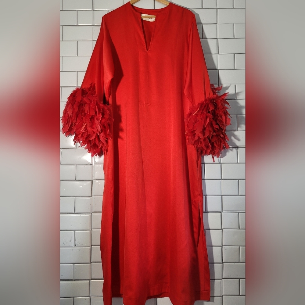 ODETTE BARSA Vintage Ladies Red Maxi Long Lounge Dress Caftan (Kaftan) Loose Fit